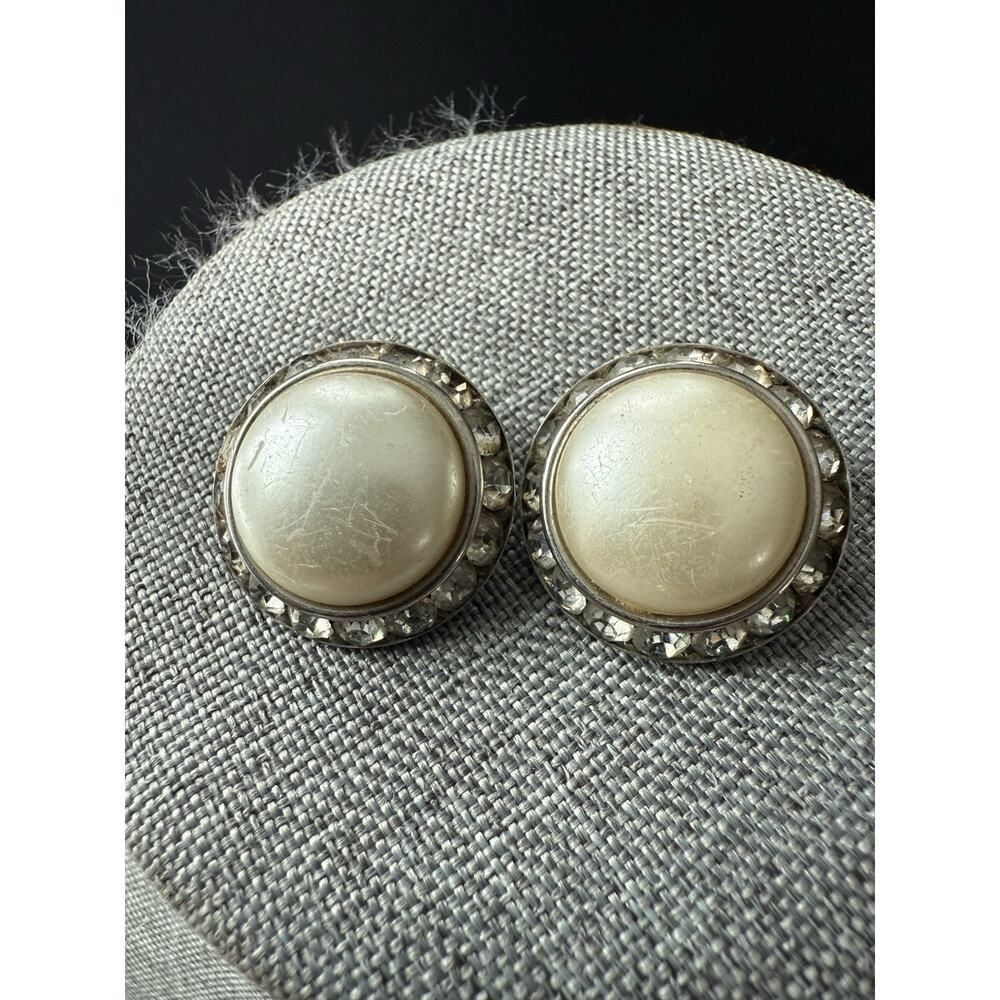 Vintage Coro Faux Pearl Clip On Earrings Ivory Silver Tone Rhinestone Retro